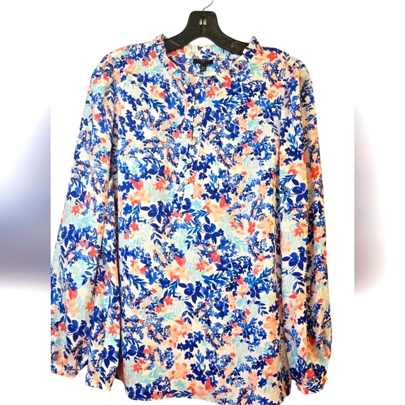 Talbots Ruffle Trim Popover Leafy Garden Women's Top Feminine Core Size XL/P - Picture 2 of 11